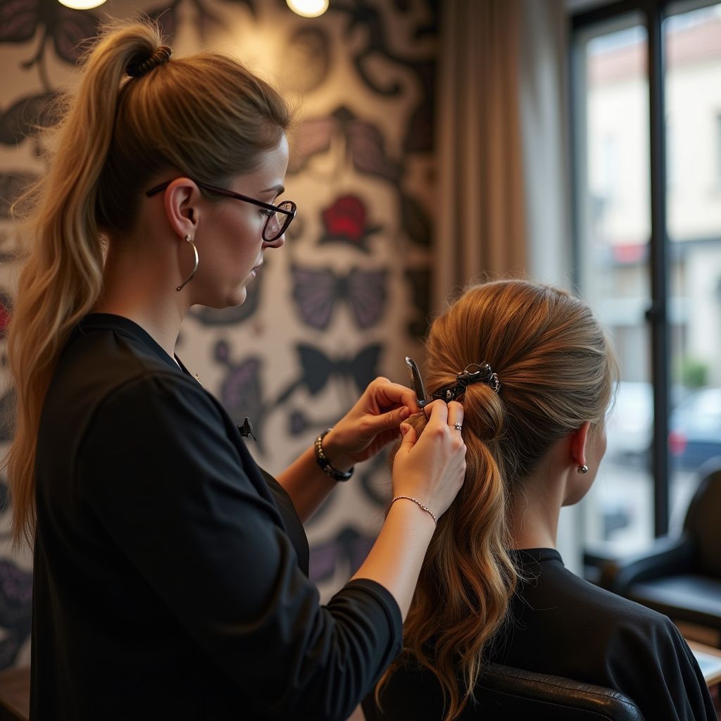 Hair stylist working on a client's updo in a salon.