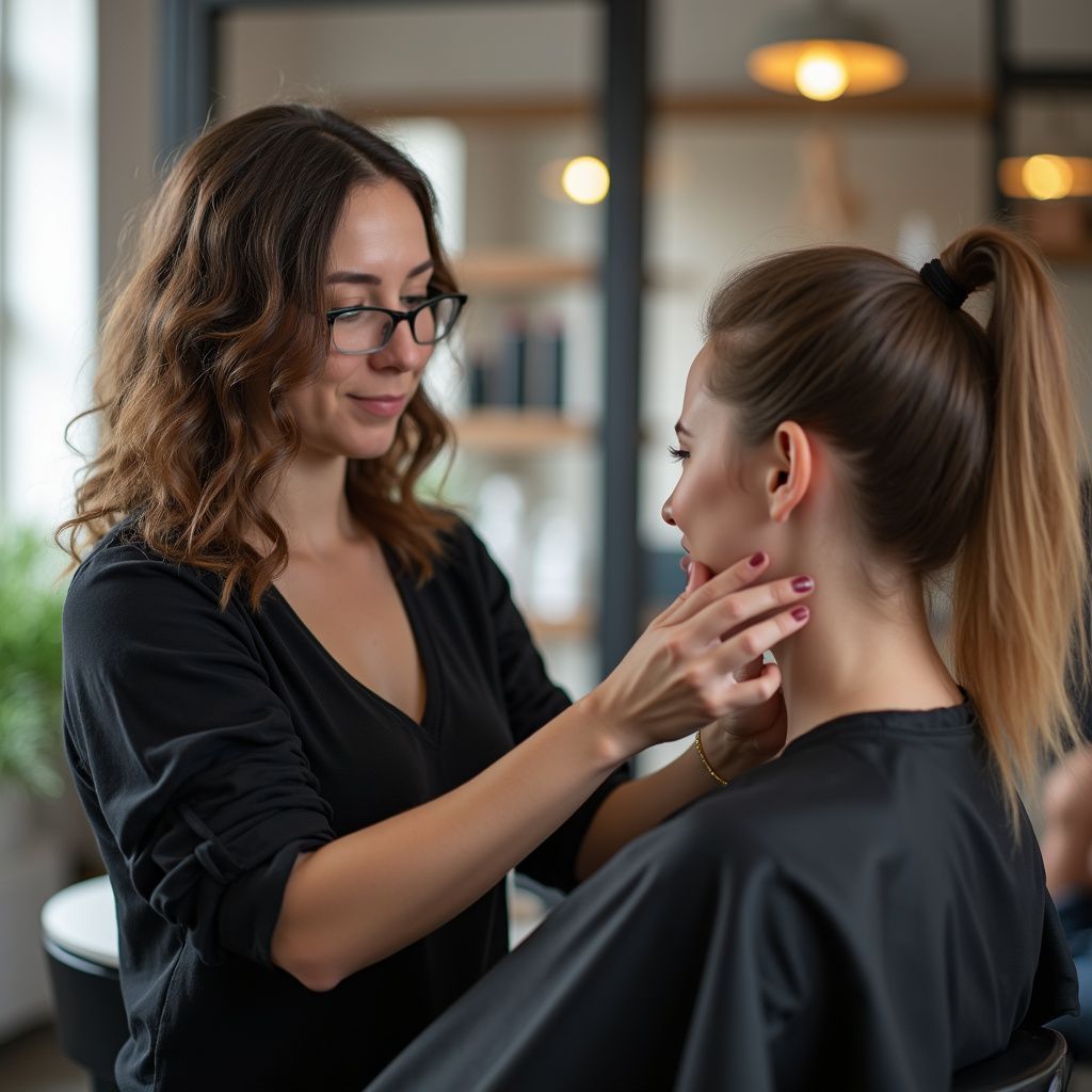 Woman in glasses examines another's neck in a salon setting, both in black attire.