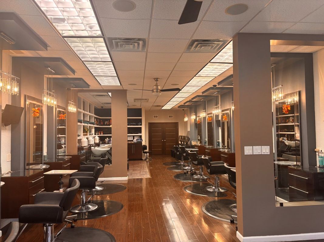Hair salon interior with styling stations, mirrors, and wooden floors.