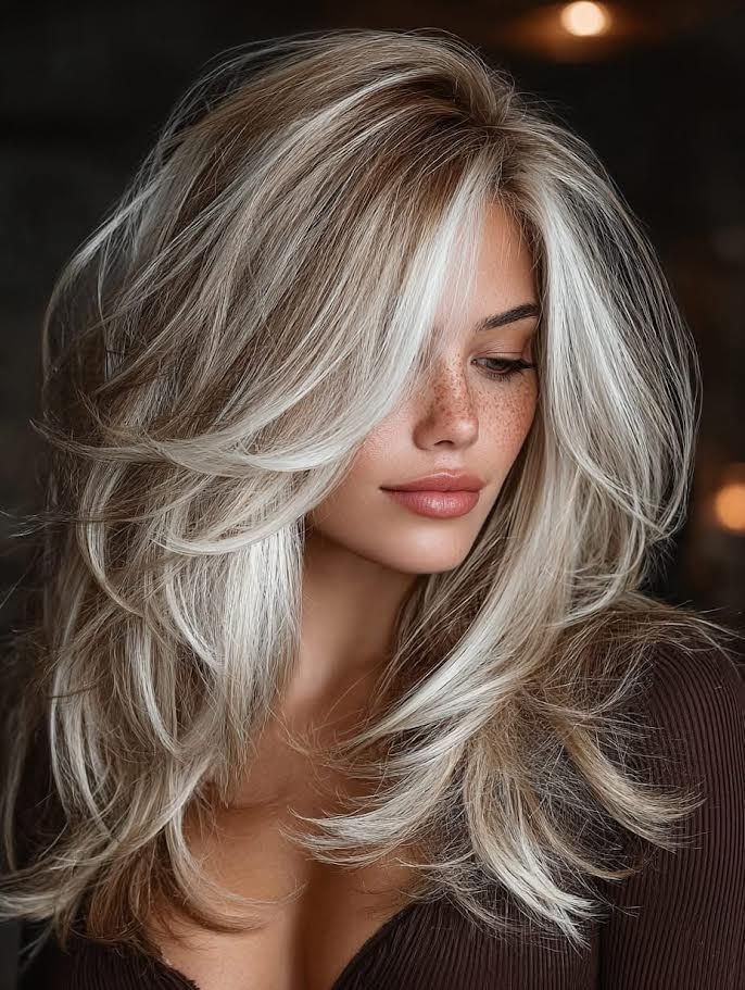 Woman with layered blonde hair, looking down with a subtle smile.