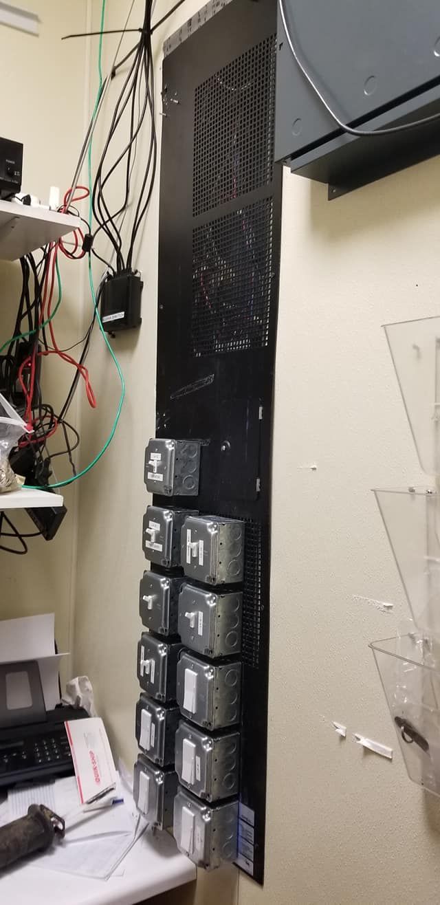A wall-mounted panel with several gray boxes, likely electrical components, in a room with cables and equipment.