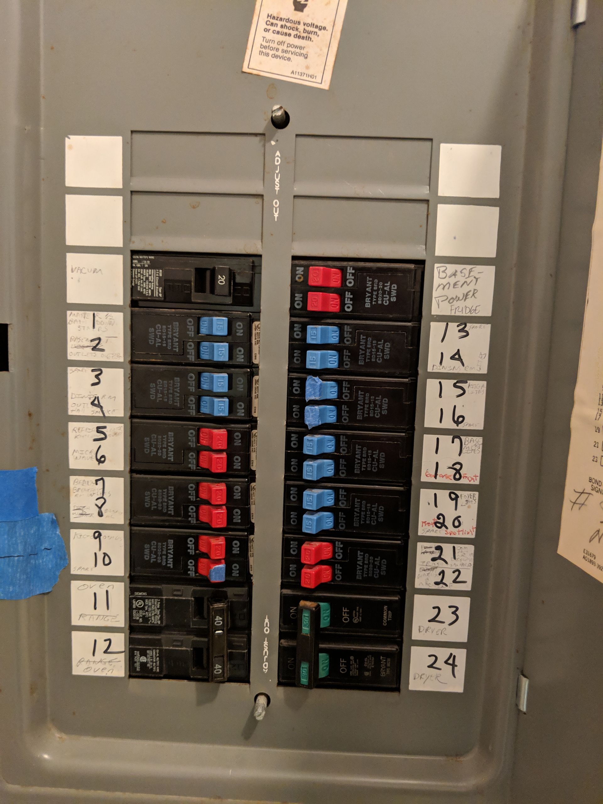 Electrical circuit breaker panel with numbered switches, some in red, blue, and green.