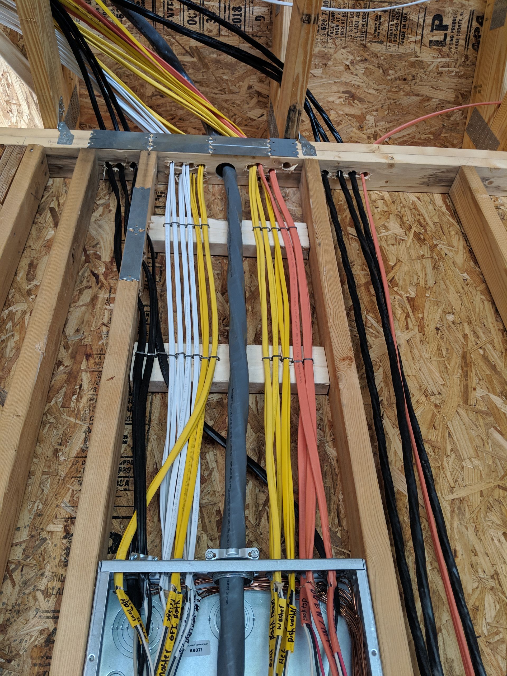 Electrical wiring in a wood-framed wall. Cables are yellow, white, orange, and black.