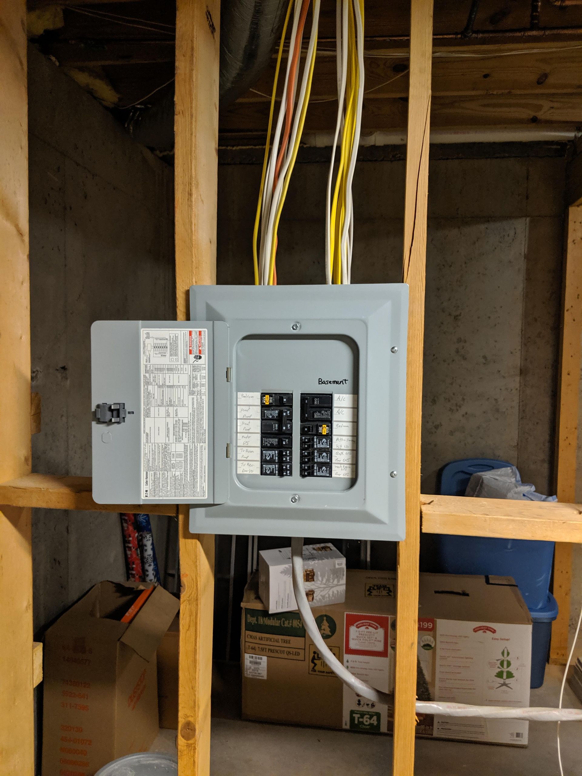 Electrical panel with open door, mounted on wood studs, with exposed wires.