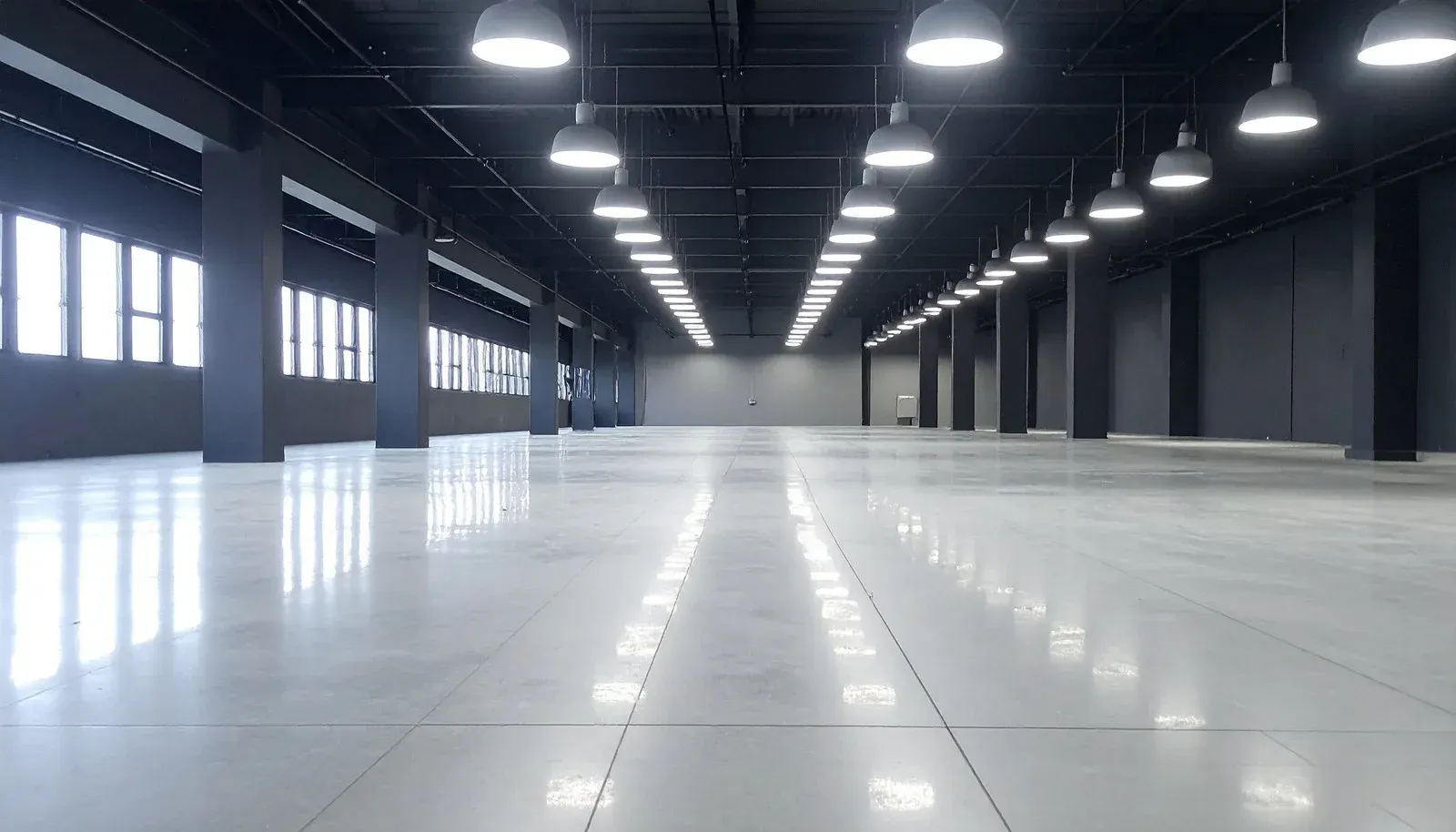 A large, empty industrial hall with polished white floors, dark pillars, and rows of glowing pendant lights overhead.