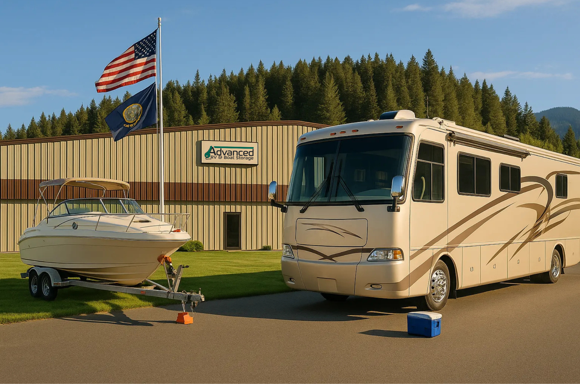 Advanced RV's Property with an RV and Boat out front