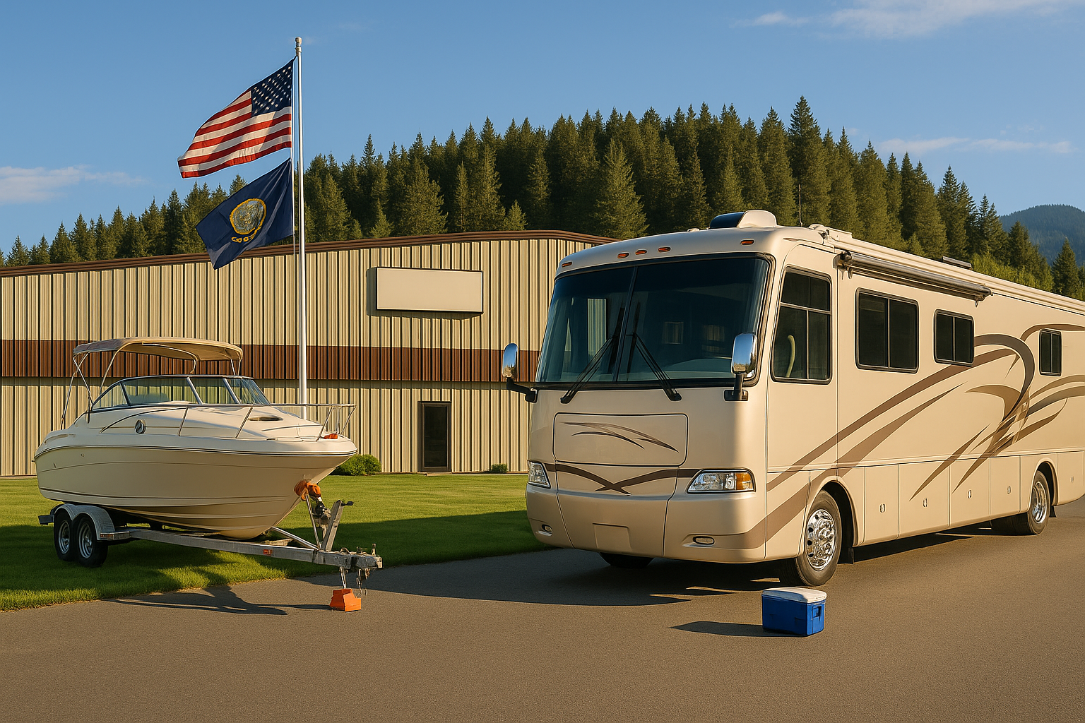 Boat and RV in front of facility