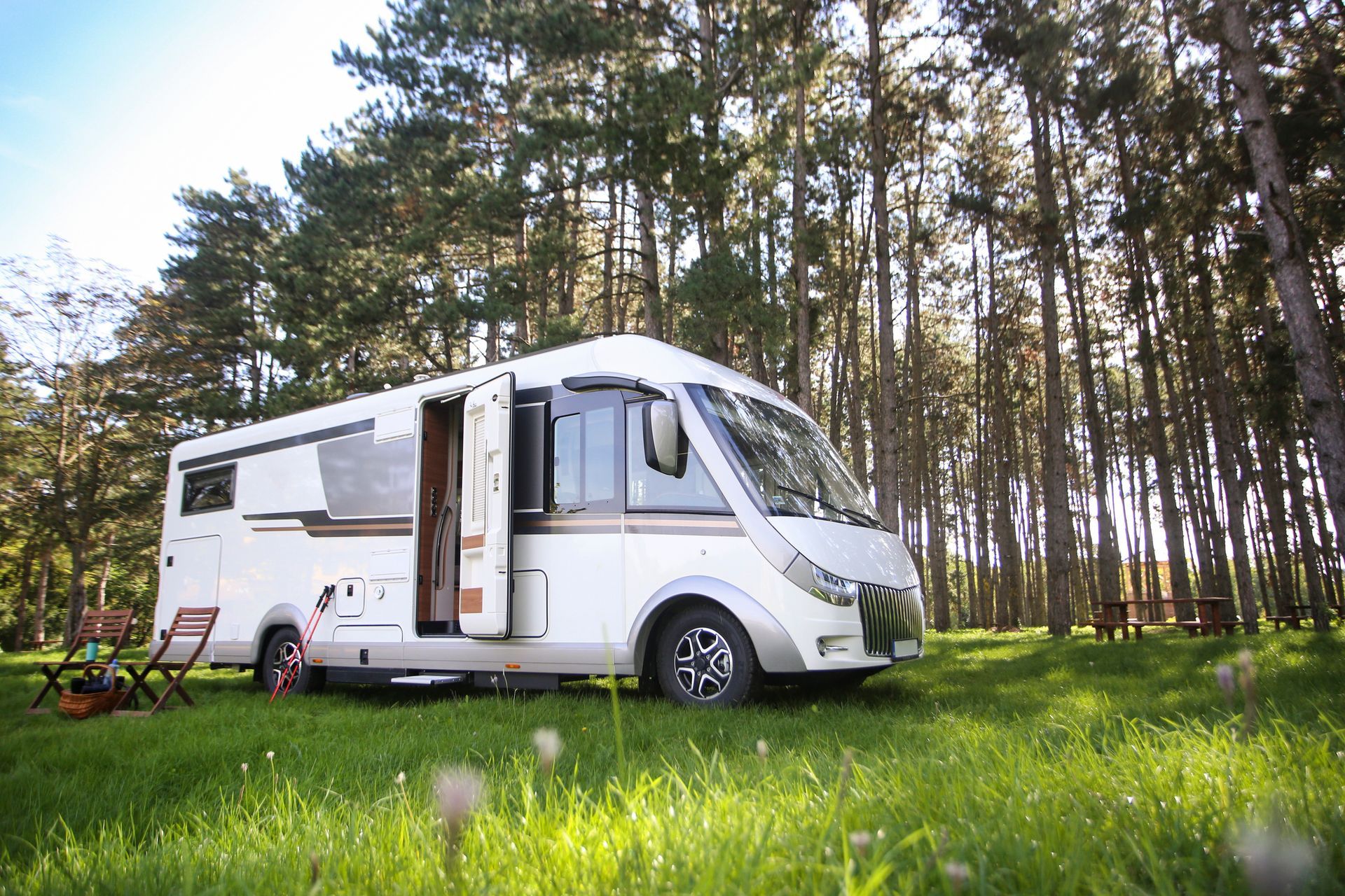 motorhome parked in a forest field