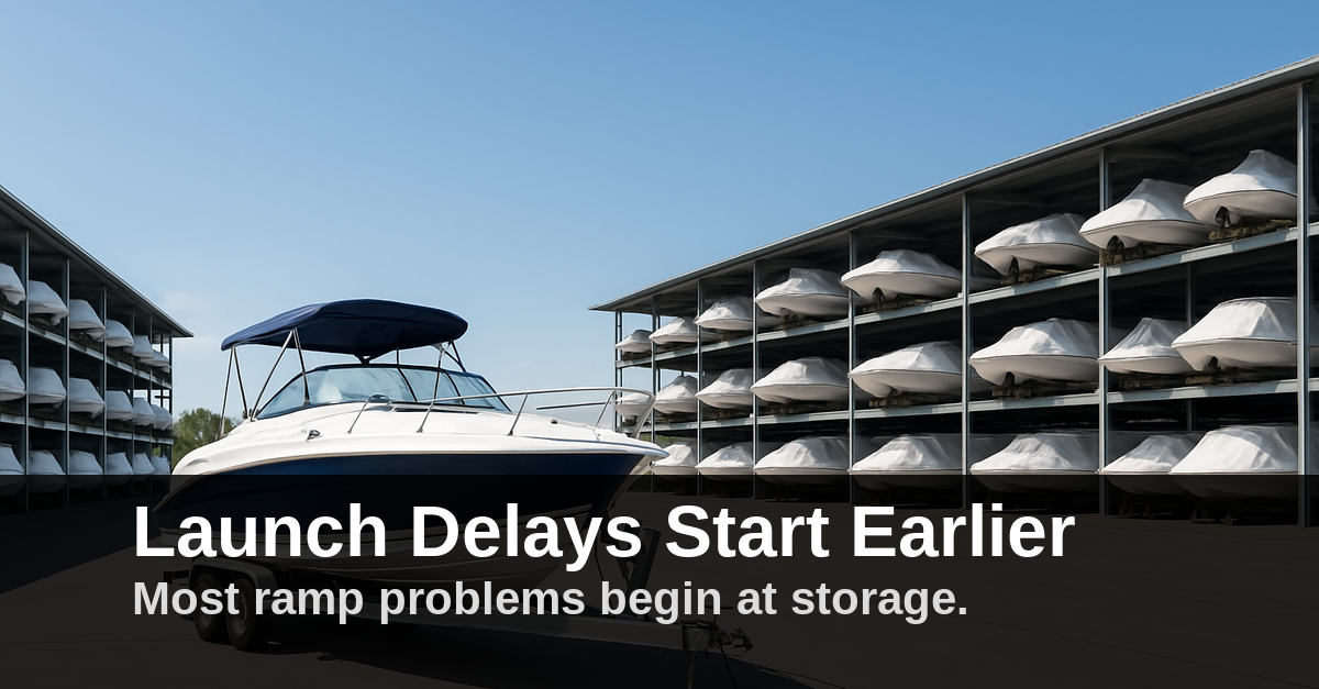 Boat in marina between dry stacks of covered boats; text reads “Launch Delays Start Earlier.”