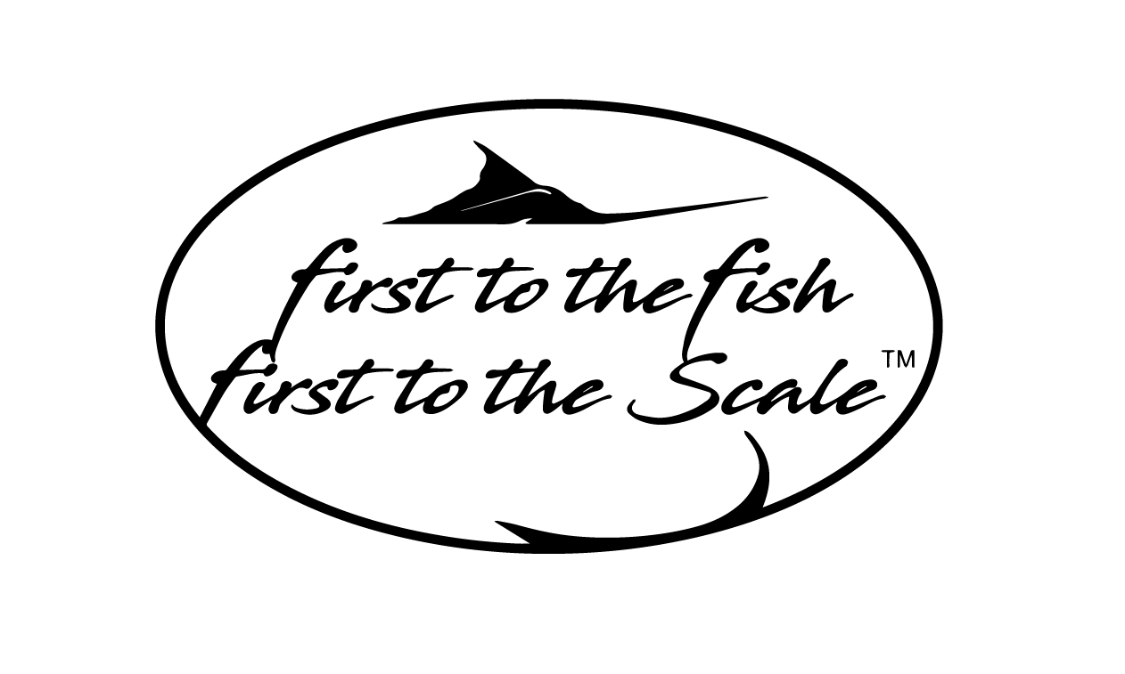 A black and white logo for first to the fish first to the scale