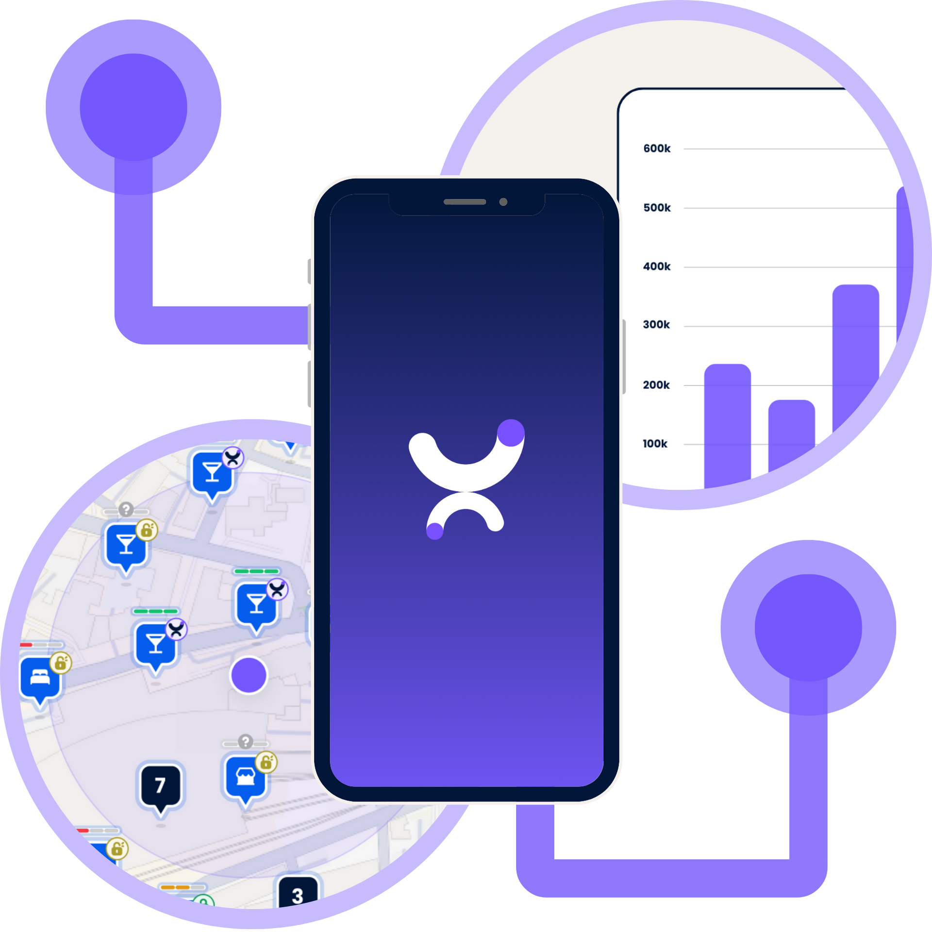 Smartphone app interface with ConneX map, chart, and Purple logo, connected by purple lines and circles.