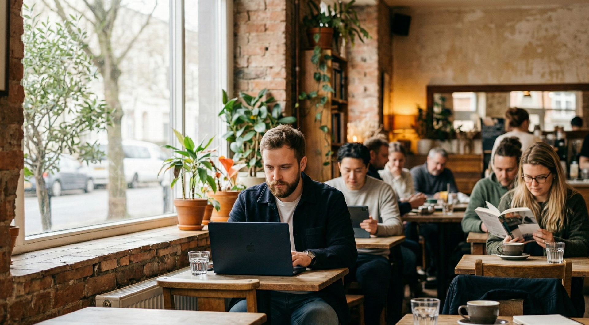 People working and reading at small wooden tables in a sunlit cafe with brick walls and indoor plants.