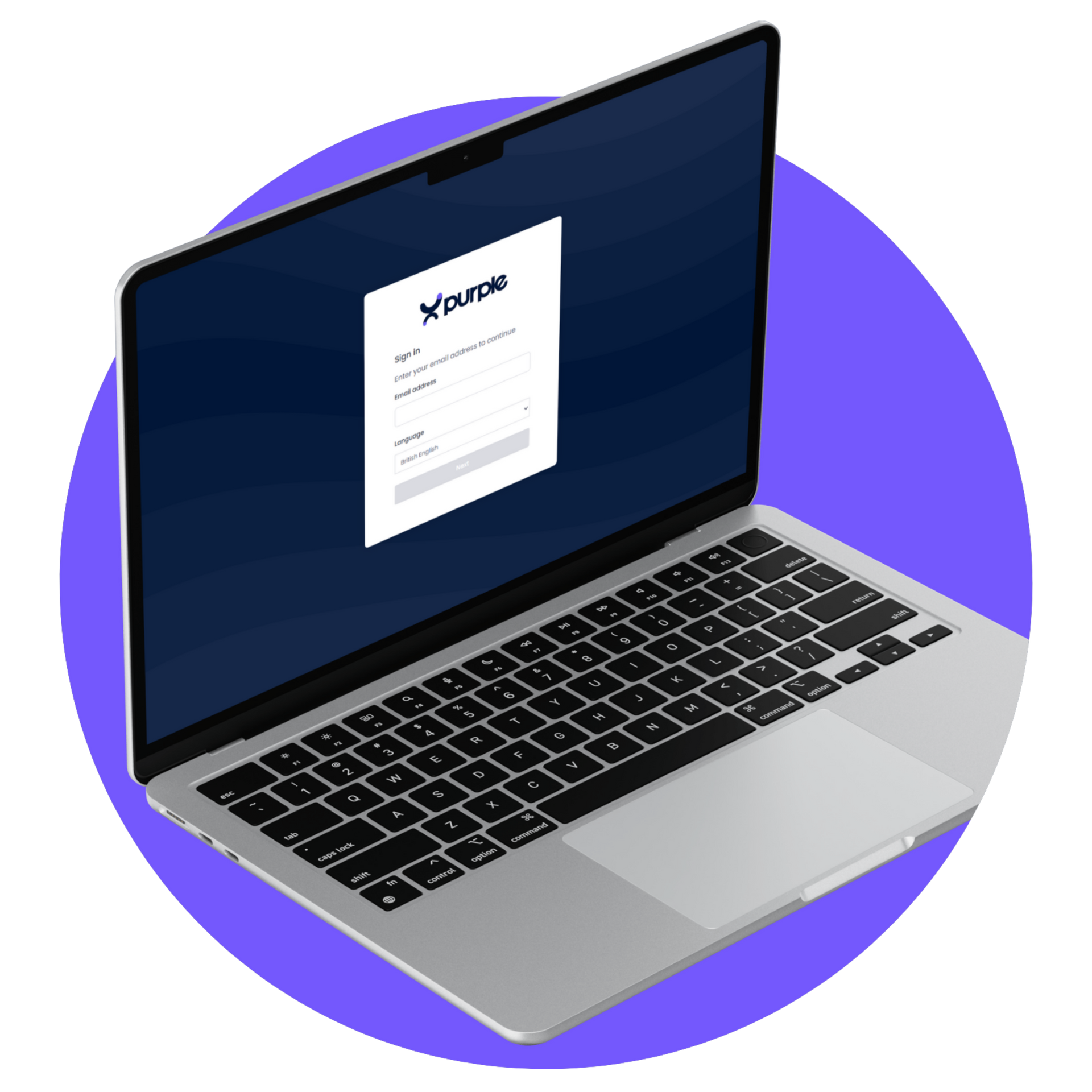 Laptop displaying a login screen for Purple