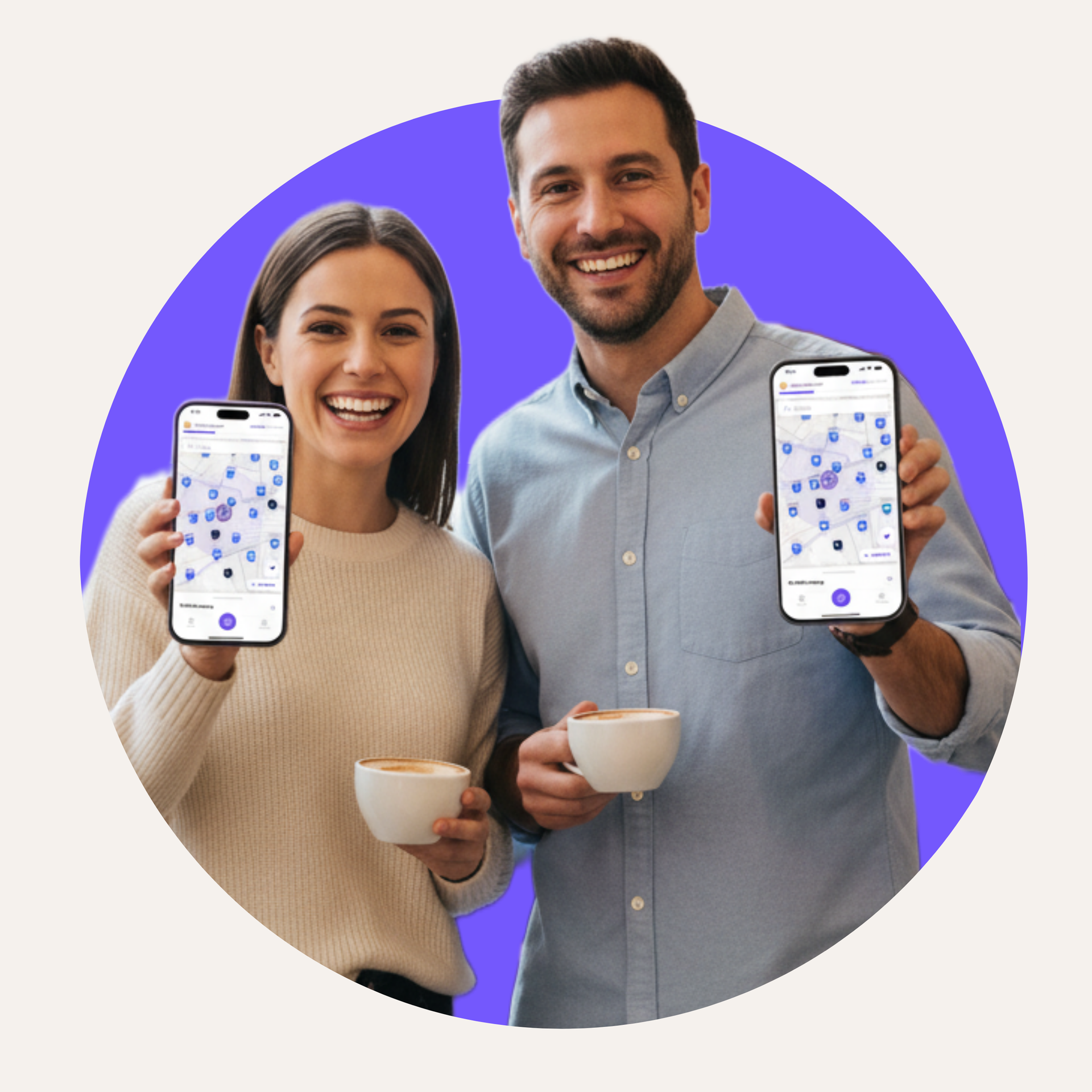 Smiling couple holding phones showing Purple ConneX app screen; purple background; coffee cups.
