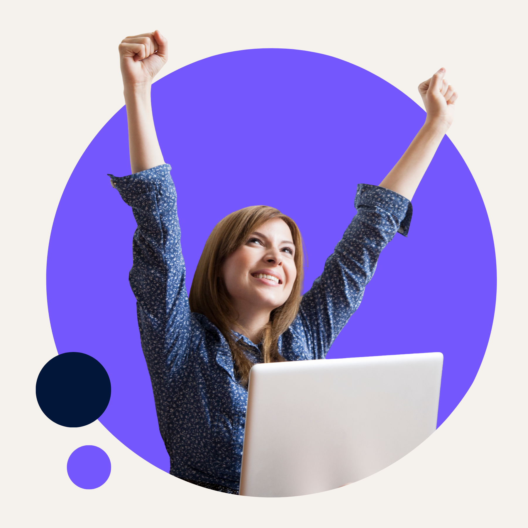 Woman with laptop celebrates, arms raised, against a purple circle background.