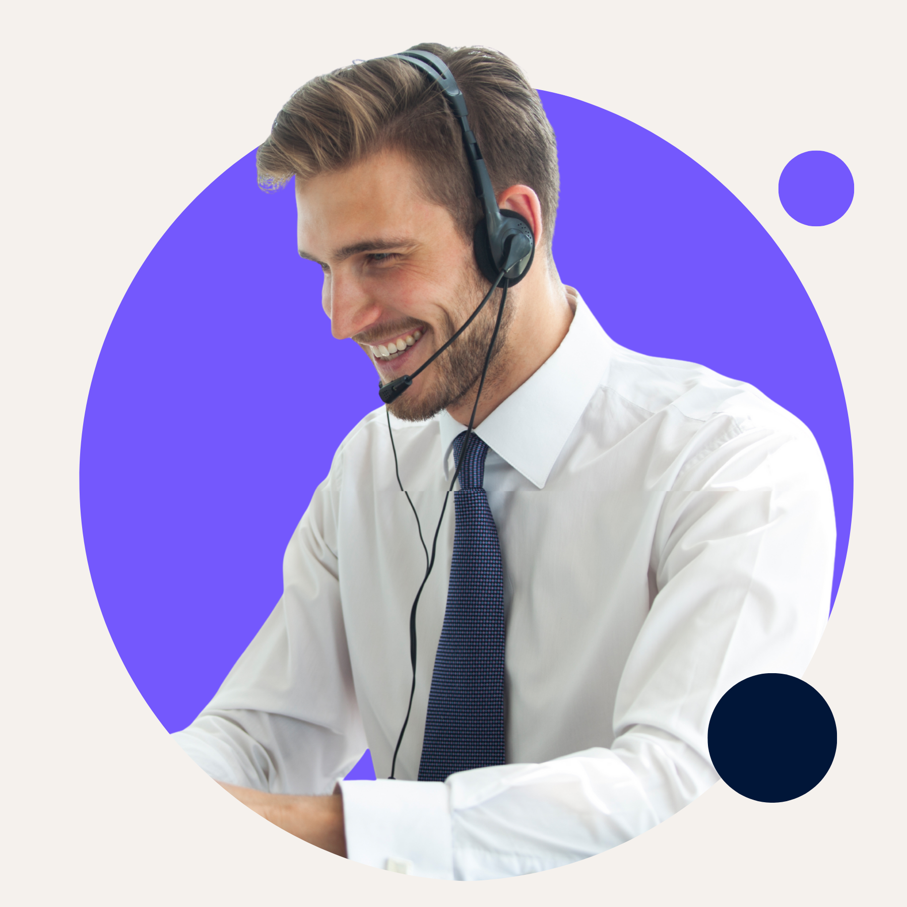 Man wearing a headset, smiling while looking at a computer. Set against a purple circle.