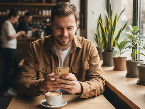 Man in brown shirt using phone, smiling, at a cafe table with a coffee cup, plants, and other patrons.
