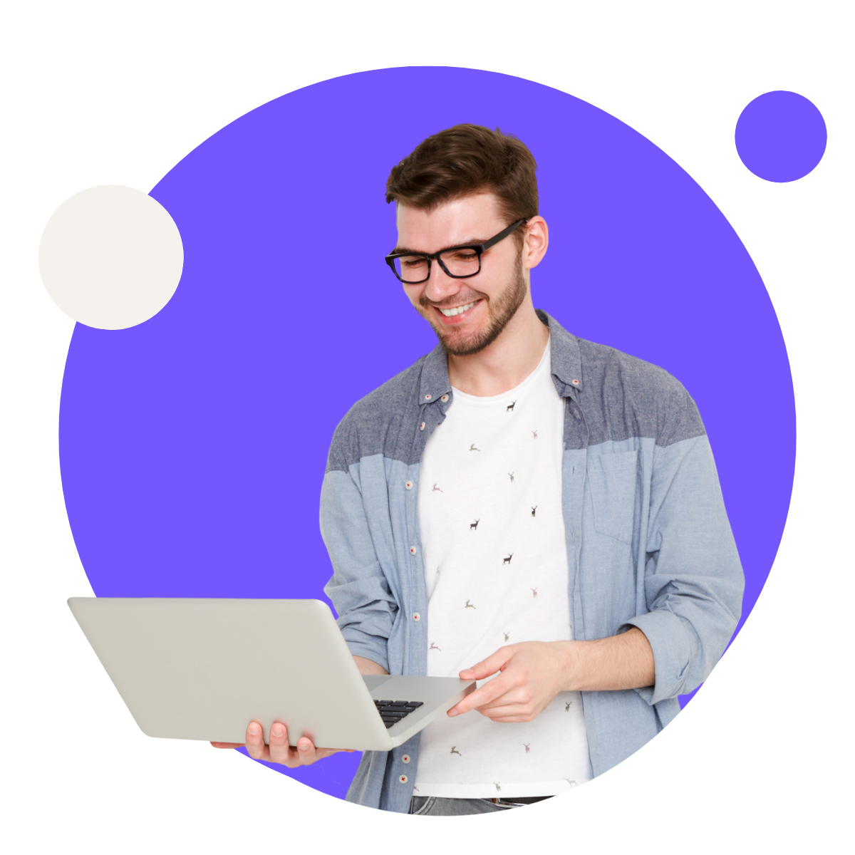 Man smiling while looking at a laptop, standing in front of a purple circle with white and purple dots.