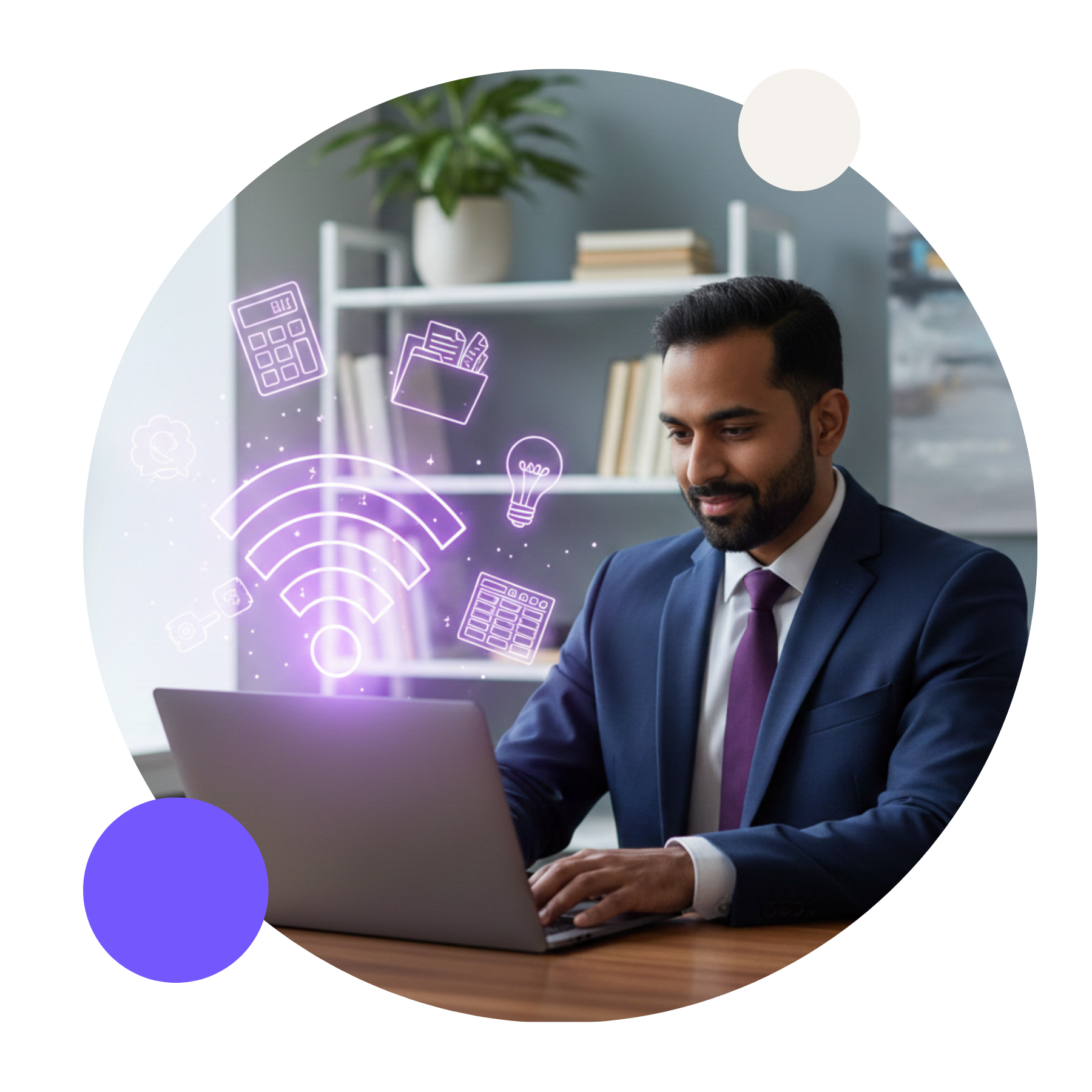 Man in suit working on laptop, with  purpleWiFi symbol and icons, in a home office setting.