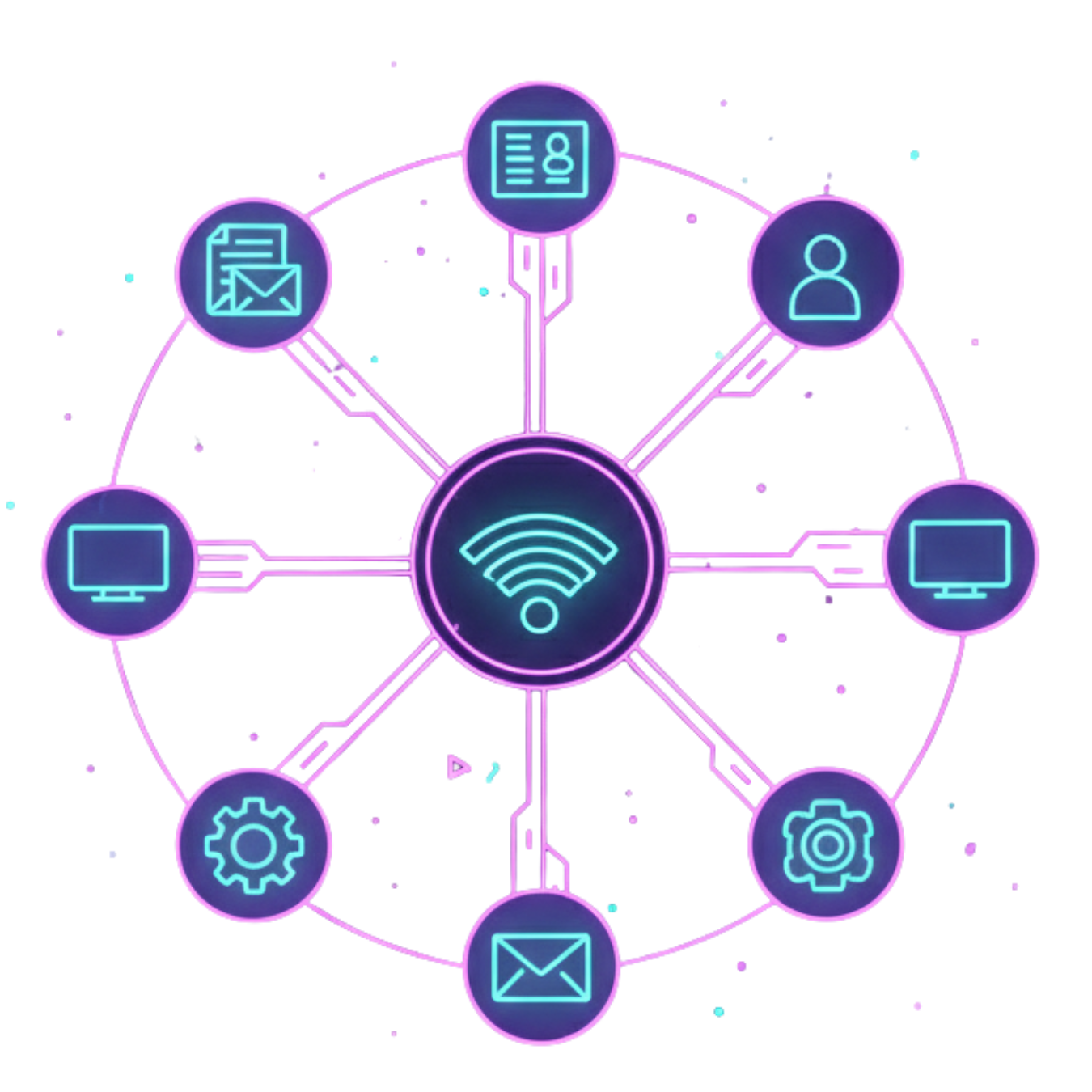 Neon graphic of WiFi symbol connecting to various icons representing digital devices and data.