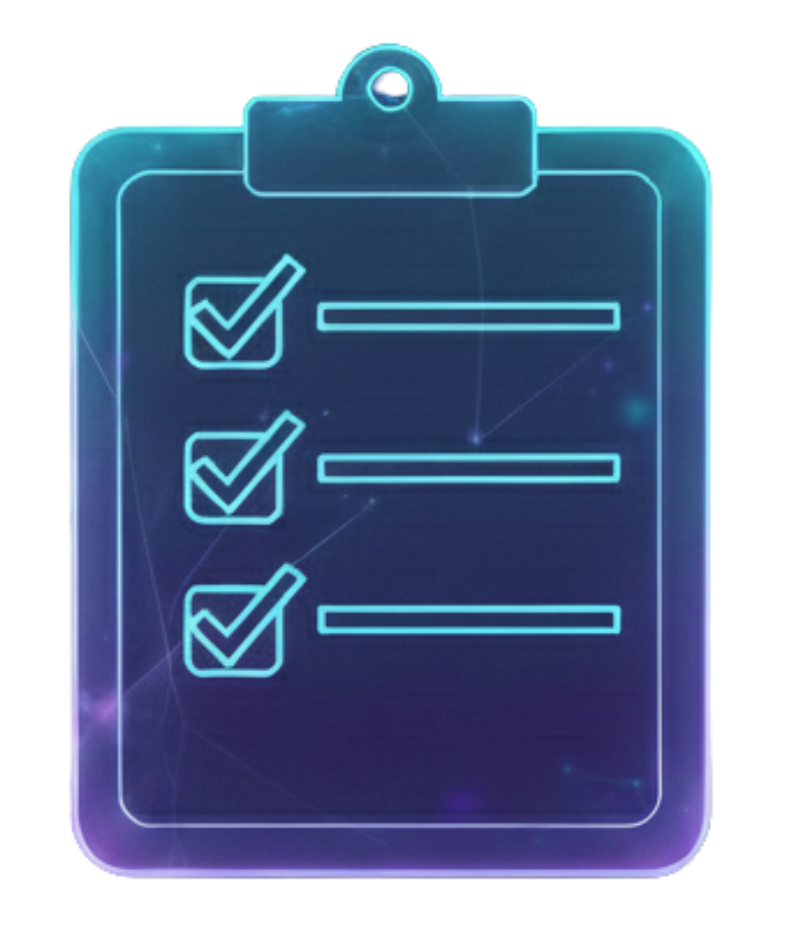 Glowing blue clipboard with three checked boxes.