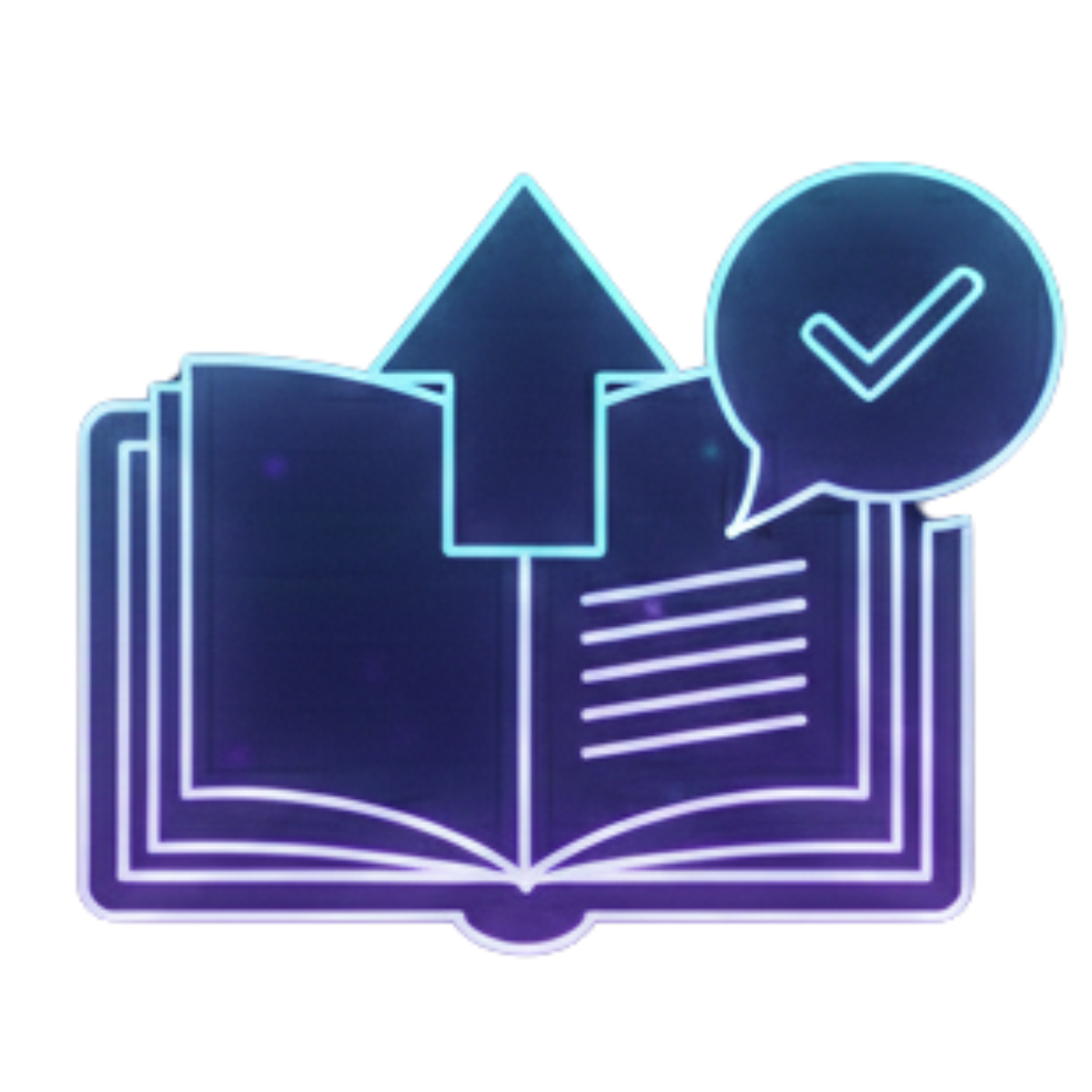 Open book with upward arrow, checkmark in speech bubble, neon blue and purple.