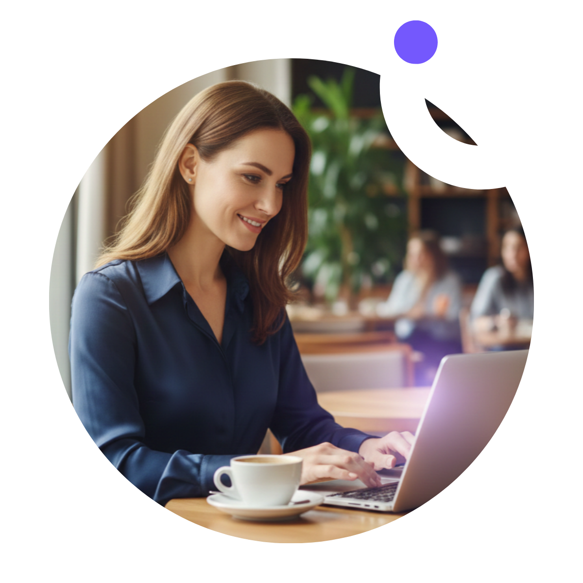 Woman at cafe, working on laptop, smiling, cup of coffee on table.