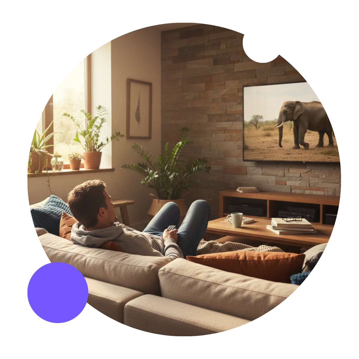 Man watching TV, relaxing on a couch in a cozy living room.