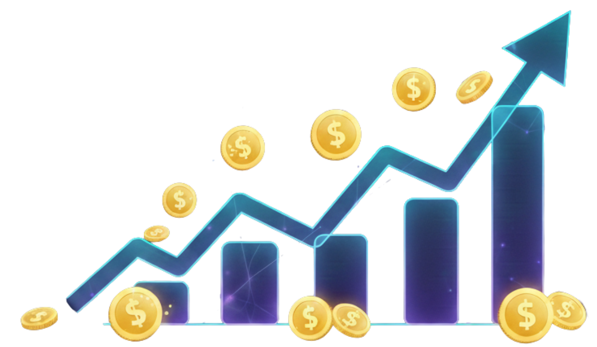 Rising stock chart with dollar coins, indicating financial growth.