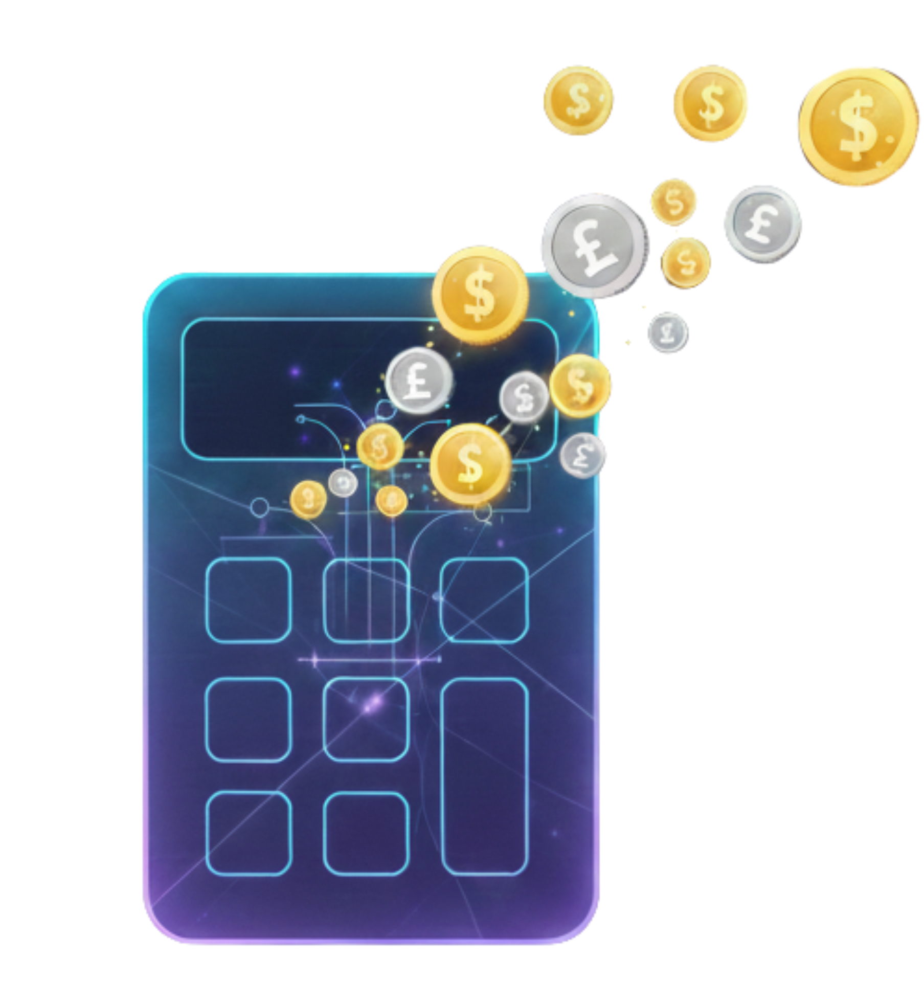 Calculator with currency symbols, coins flowing out.