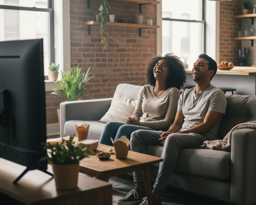 Two people laughing on couch while watching TV, snacks on table. Living room setting.