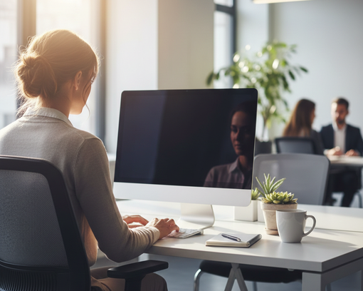 Woman working on computer in modern office, others in background.