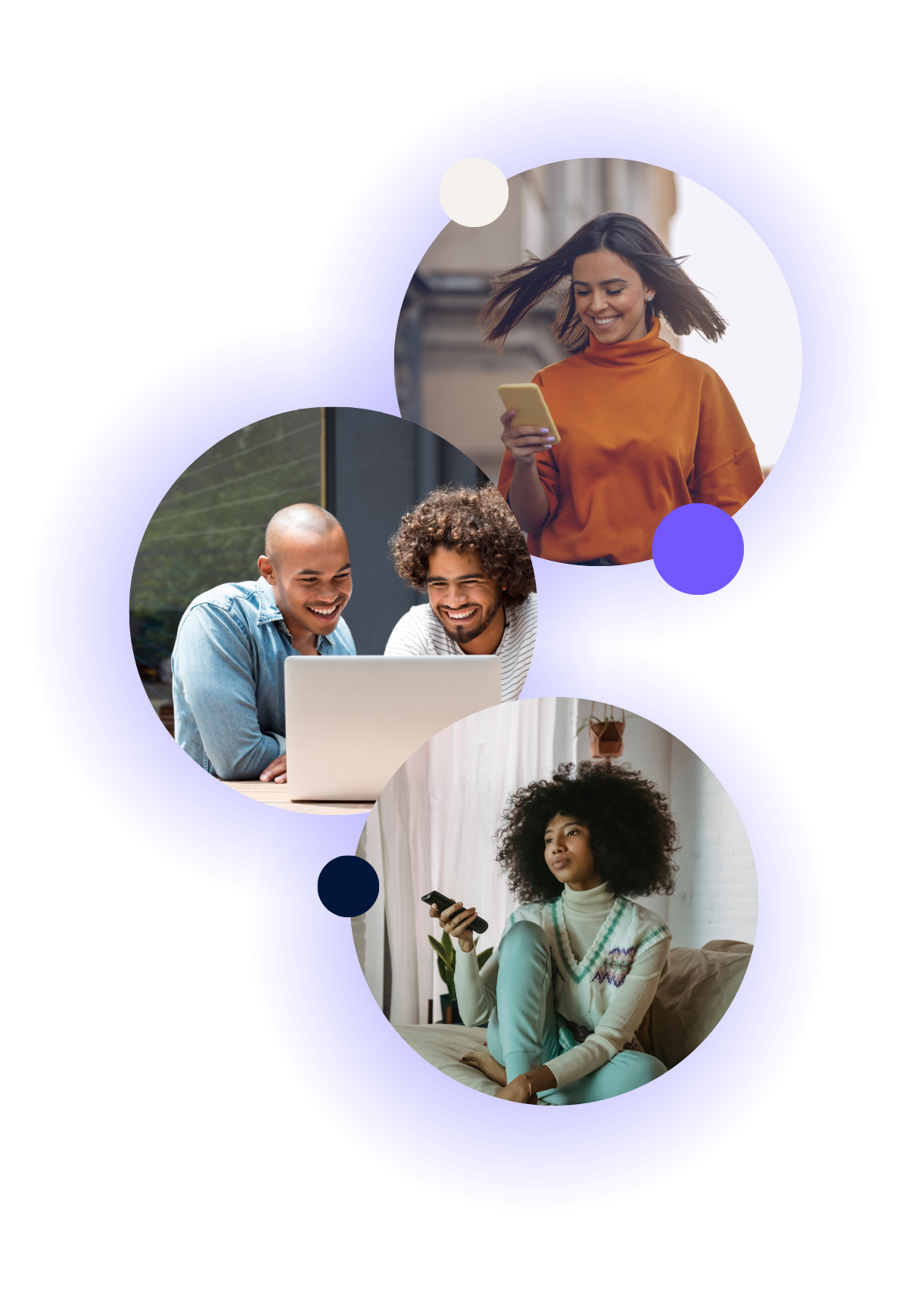 People using tech: watching TV, using a phone, and working on a laptop. Each in a glowing purple circle.