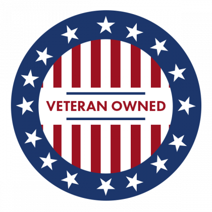 A veteran owned logo with an american flag in the center