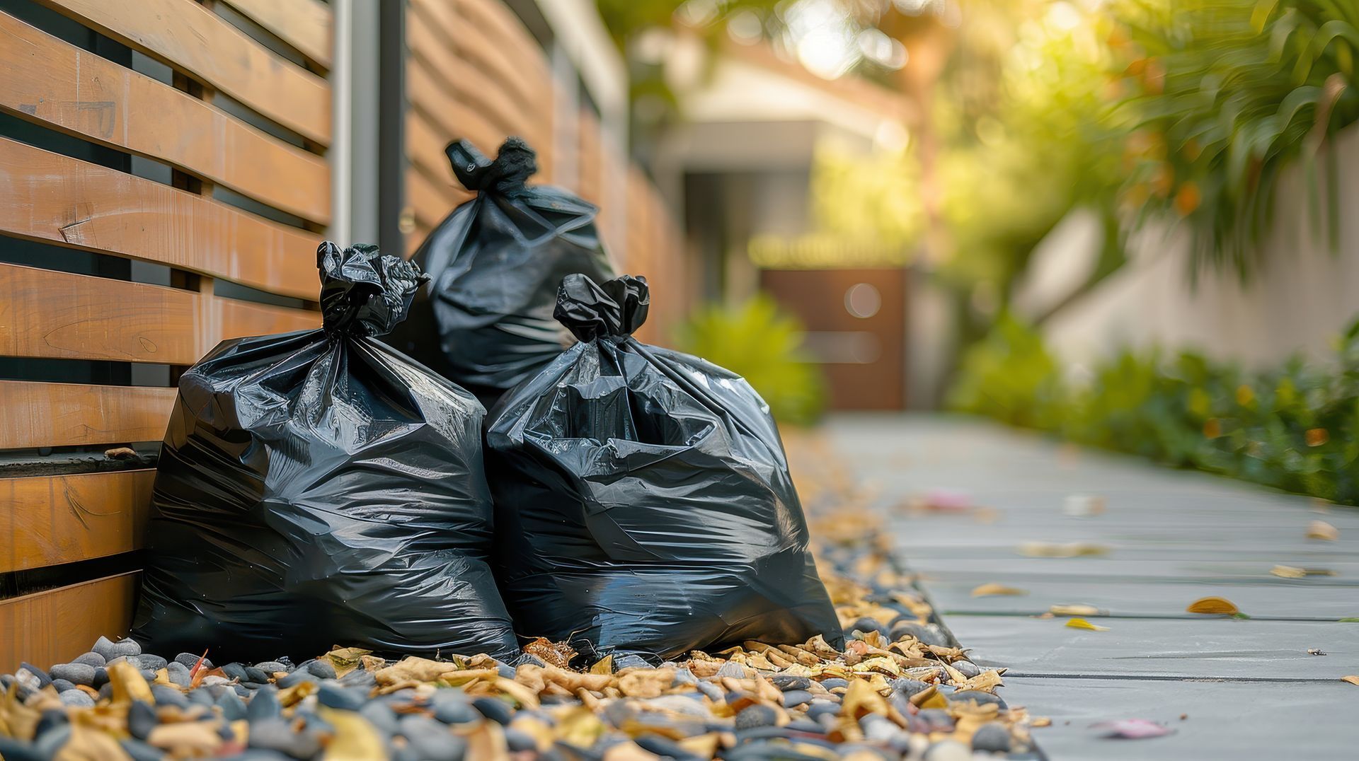 Two black garbage bags are sitting on the sidewalk next to a wooden fence.