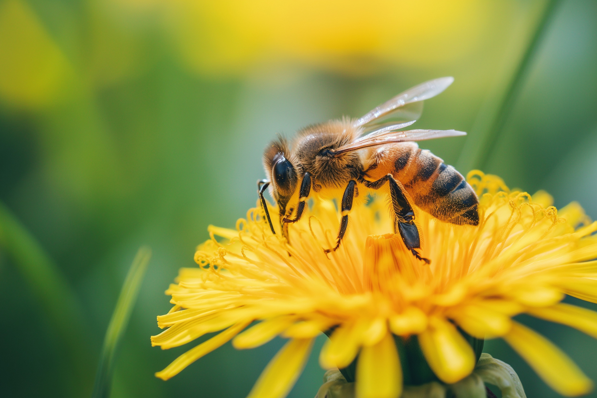 A bee is sitting on a yellow dandelion flower.