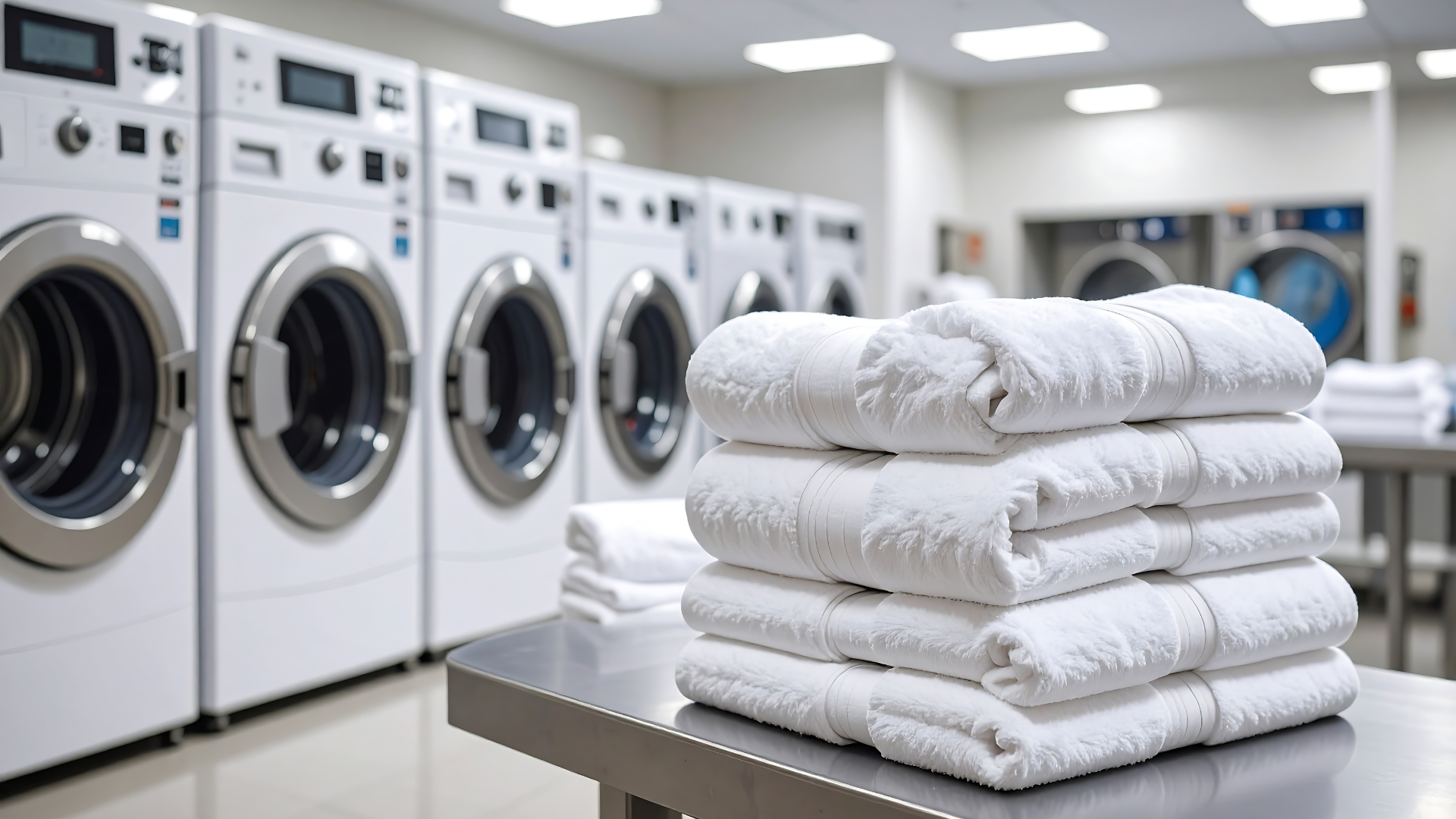 Stack of folded white towels on a table in a laundry room with washing machines.