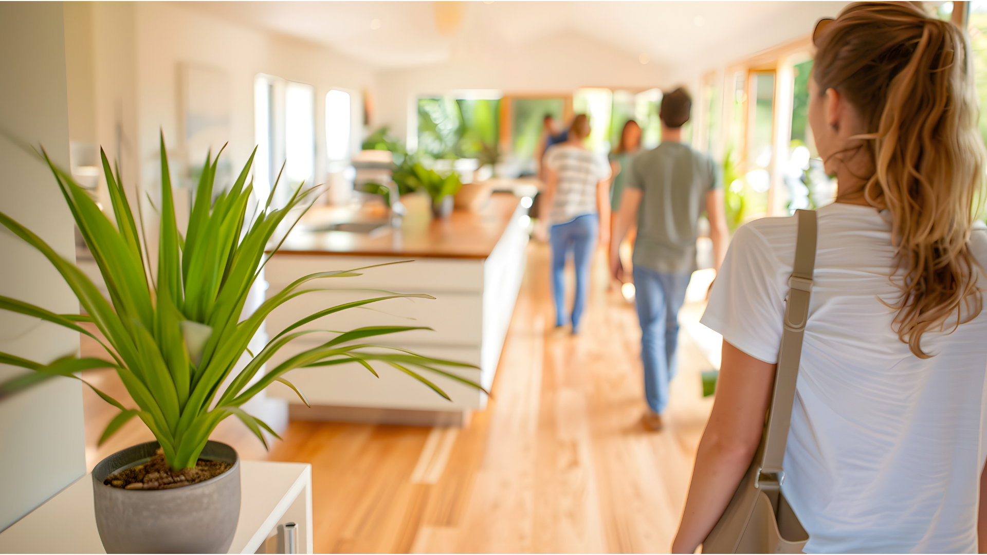 Woman in a white shirt watches friends walk through a bright, open-plan home with a plant in the foreground.