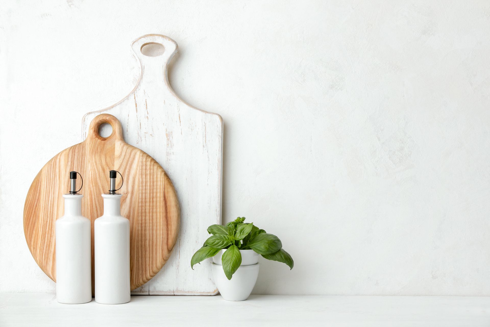 Kitchen cutting boards and plant
