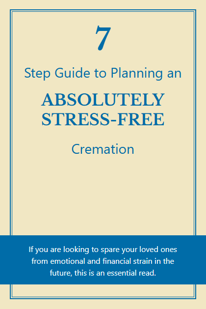 Book cover reading “Step Guide to Planning an Absolutely Stress-Free Cremation” in blue and cream.