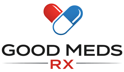 Red logo with a capsule icon above the text Good Meds RX