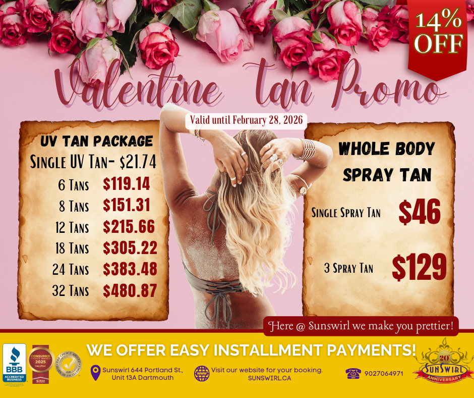 Valentine's Day tan promo: spray tan & UV packages. Woman with hands over head, roses, brown & pink tones.