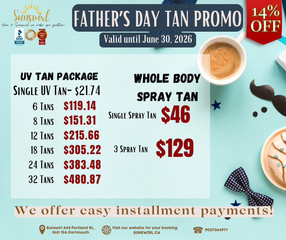 Mother’s Day tan promo ad with spray tan prices, red discount badge, and a mother and child smiling on the right