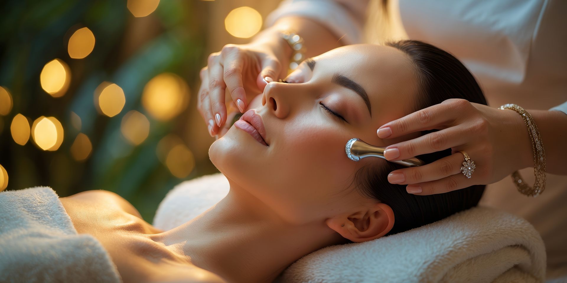 Woman receiving facial massage with a tool. She is lying on a towel, eyes closed, with a soft background of bokeh lights.