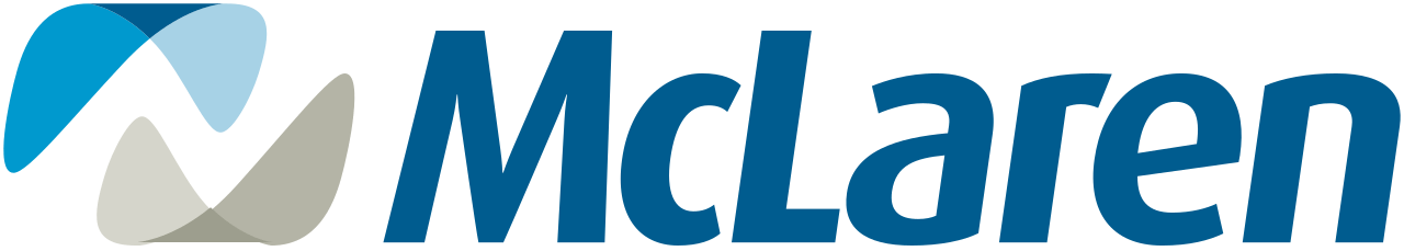 A blue and white mclaren logo on a white background.