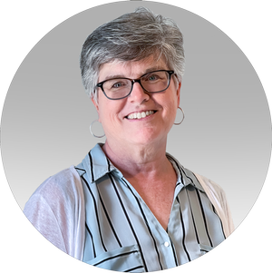 A woman wearing glasses and a striped shirt is smiling in a circle.