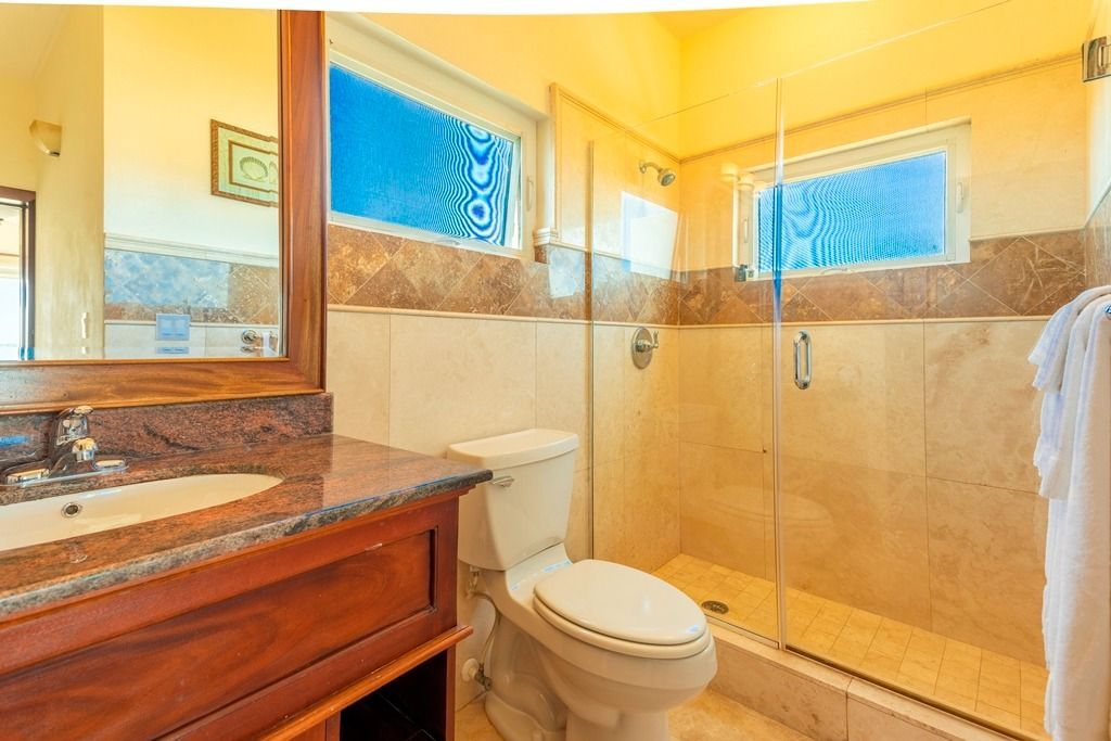 Bathroom with toilet, sink, and glass shower. Tan and brown tile, blue frosted glass windows.
