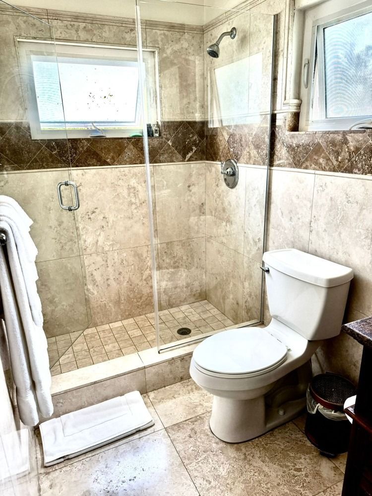 Bathroom with glass shower, toilet, tile walls, and a towel rack.