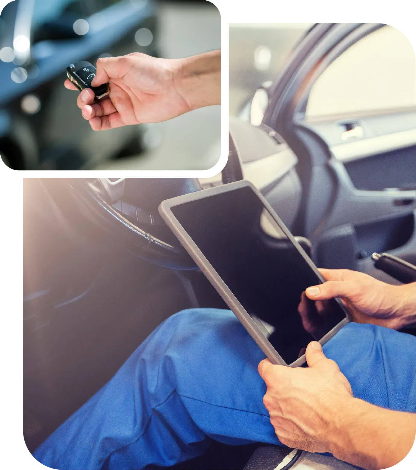 Electrician inspecting electrical panel, holding tablet, wearing hard hat and safety glasses.