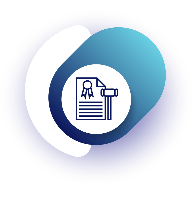 An icon of a certificate and a hammer in a circle.